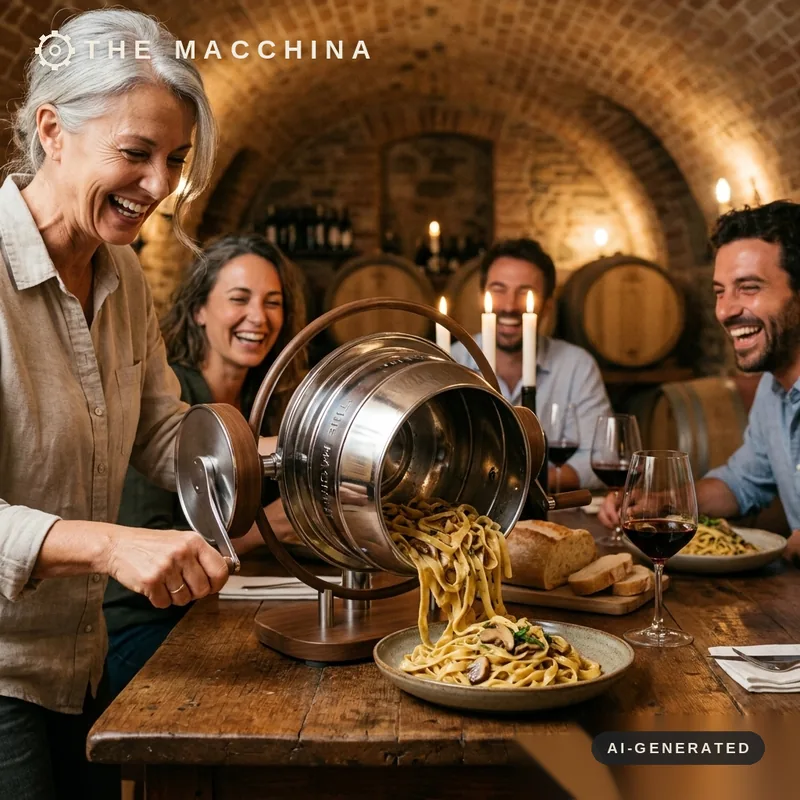 Cena tra amici, giù in cantina. Scena generata con AI.